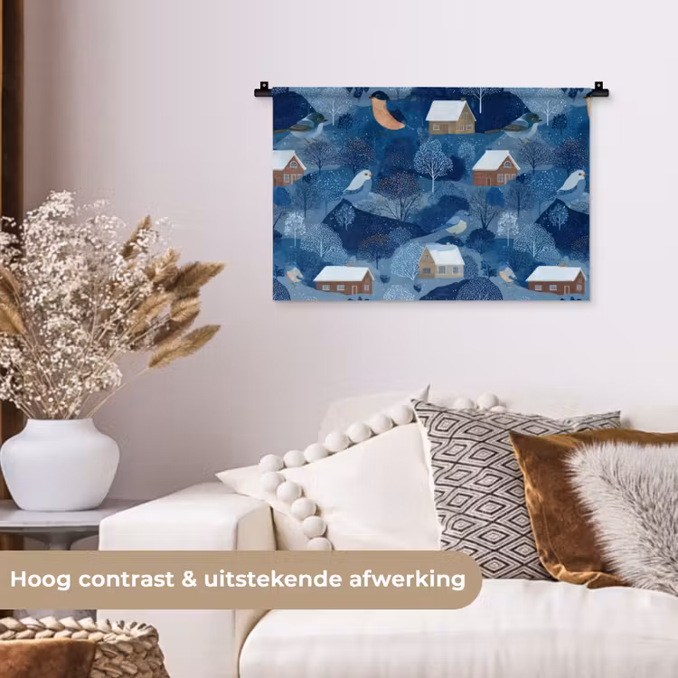 Huisjes - Vogels - Sneeuw - Winter - Blauw Wandkleed katoen klein 269 -sfeer1