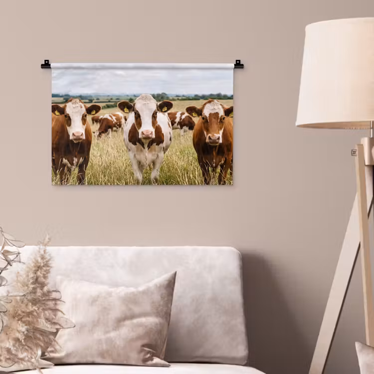 Koeien - Portret - Weide - Boerderij - Nieuwsgierig Wandkleed katoen klein -sfeer4
