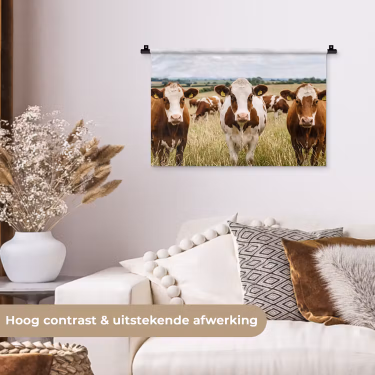 Koeien - Portret - Weide - Boerderij - Nieuwsgierig Wandkleed katoen klein -sfeer1