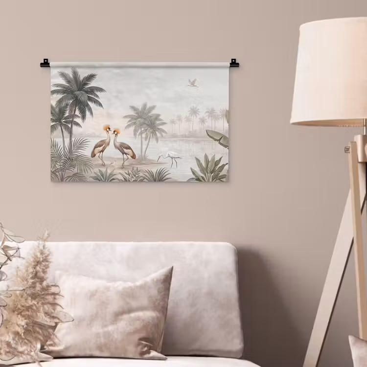 Kraanvogels - Palmbomen - Tropisch Wandkleed katoen klein -sfeer4