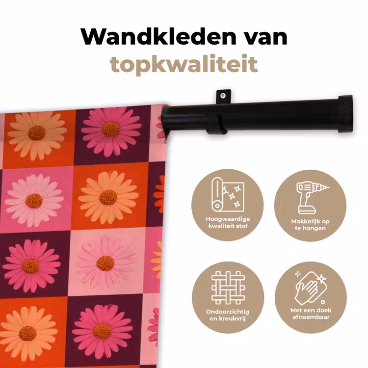 Madeliefjes - Dambord - Retro - Roze - Oranje Wandkleed katoen klein 269 -sfeer2