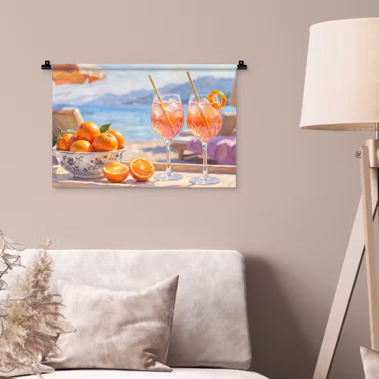Drank - Glazen - Strand - Zomer - Oranje Wandkleed katoen klein -sfeer4
