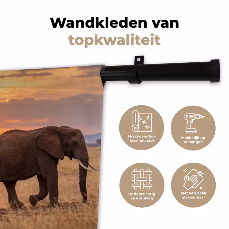 Olifanten - Savanne - Zonsondergang - Afrika - Warm Wandkleed katoen klein -sfeer2