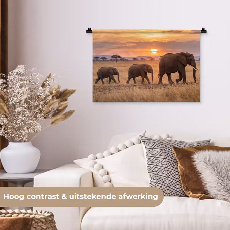 Olifanten - Savanne - Zonsondergang - Afrika - Warm Wandkleed katoen klein -sfeer1