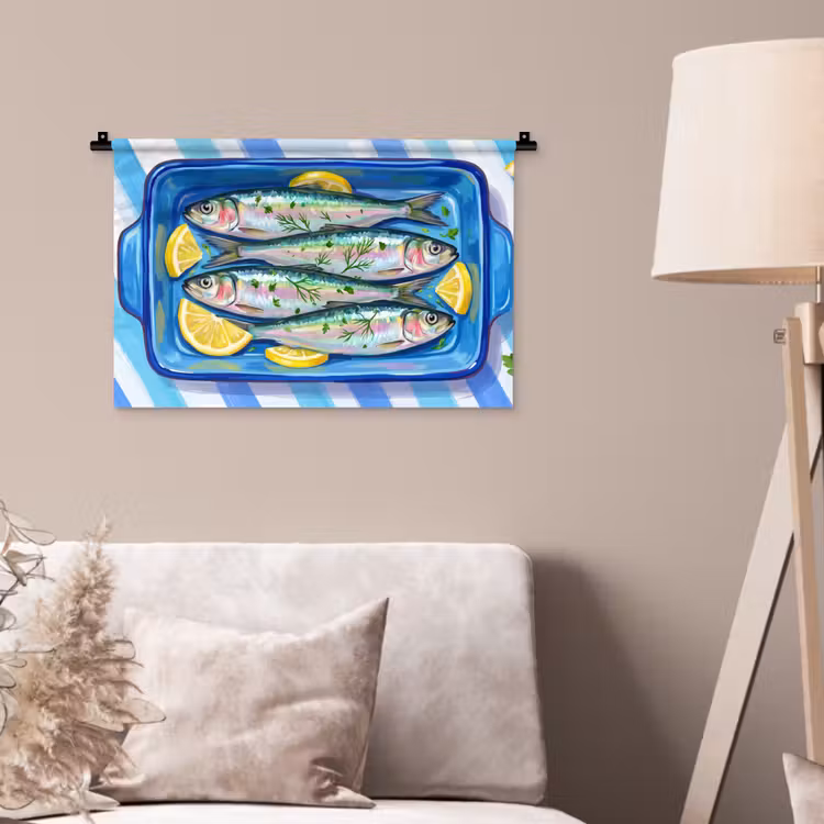 Vis - Citroen - Kruiden - Eten - Blauw Wandkleed katoen klein -sfeer4