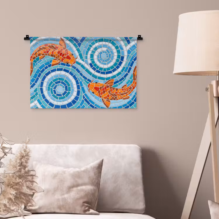 Vis - Mozaïek - Water - Decoratief - Blauw Wandkleed katoen klein -sfeer4