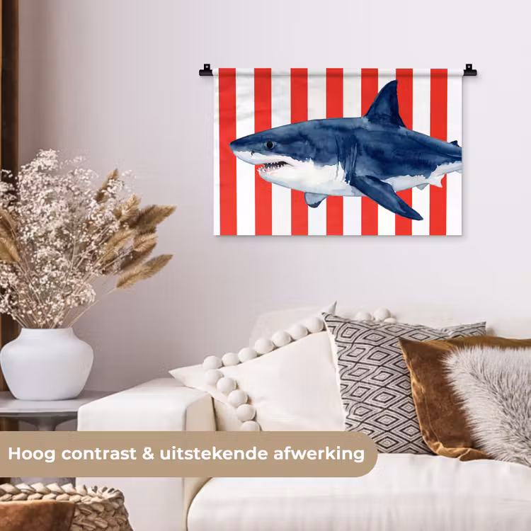 Vis - Haai - Zee - Illustratie - Blauw Wandkleed katoen klein -sfeer1