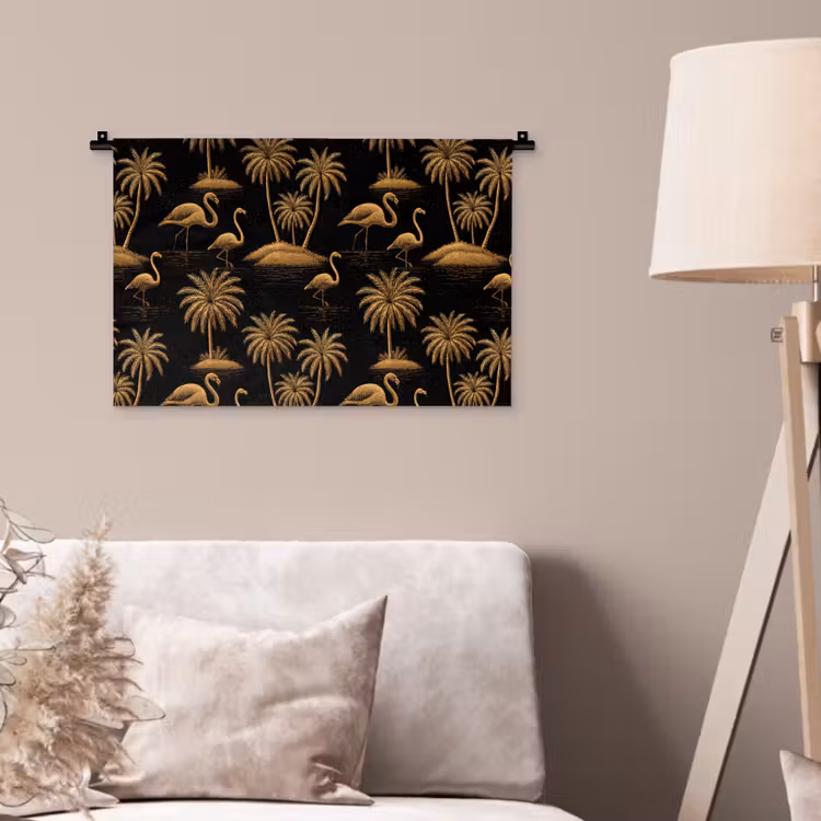 Flamingo - Palmbomen - Tropisch - Goud - Zwart Wandkleed katoen klein 269 -sfeer4