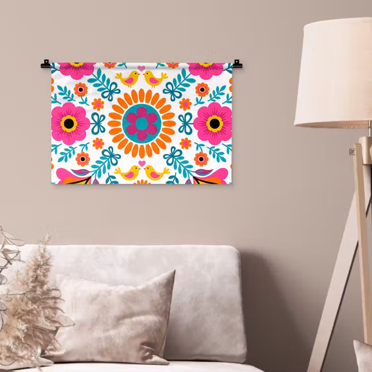 Bloemen - Vogel - Patroon - Kleurrijk - Modern Wandkleed katoen klein -sfeer4