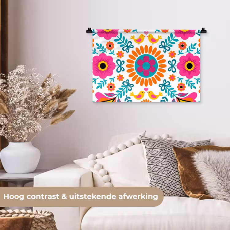 Bloemen - Vogel - Patroon - Kleurrijk - Modern Wandkleed katoen klein -sfeer1