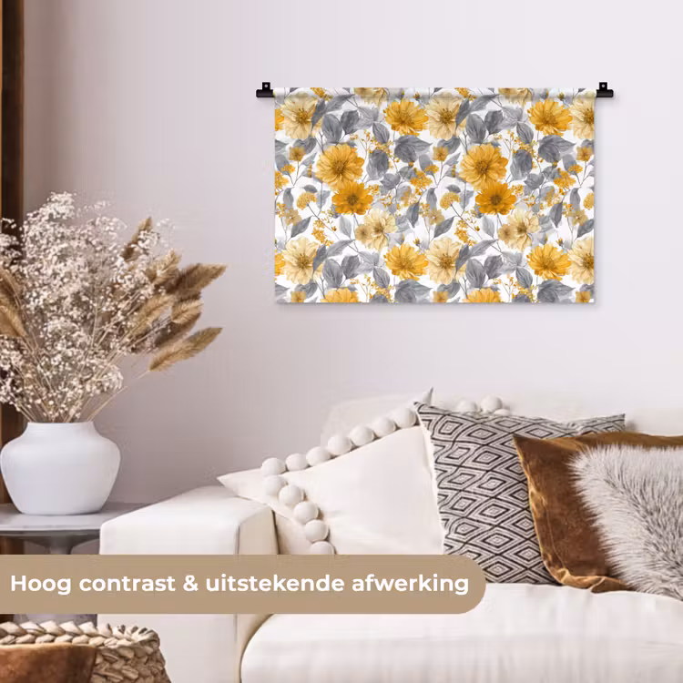 Bloemen - Botanisch - Elegant - Okergeel - Grijs Wandkleed katoen klein 269 -sfeer1