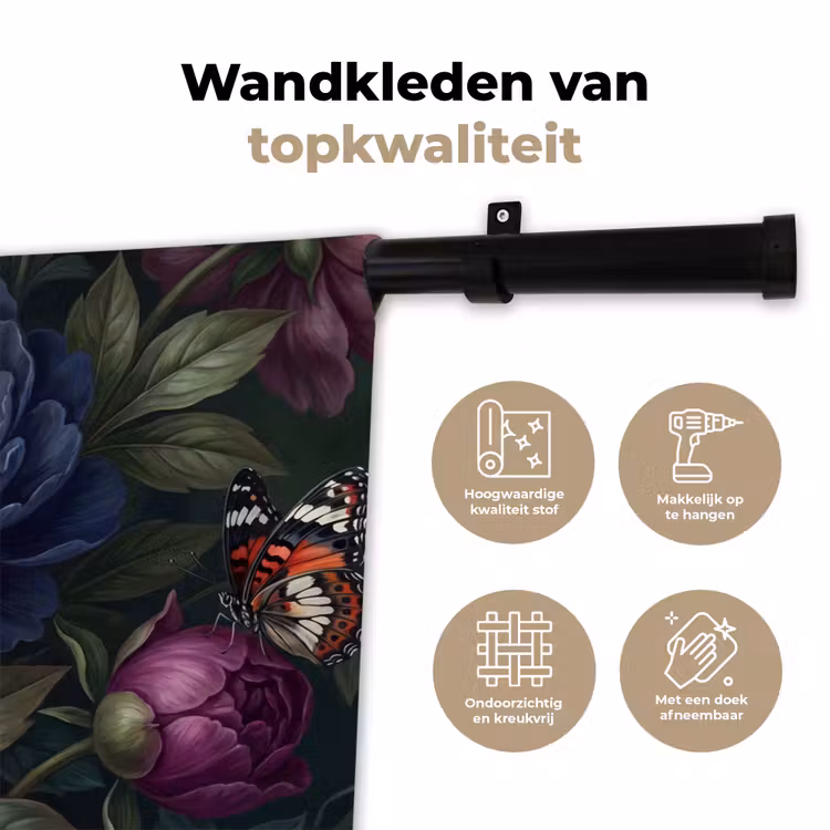 Bloemen - Vlinder - Natuur - Modern - Paars Wandkleed katoen klein -sfeer2
