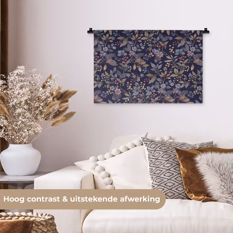 Bloemen - Bladeren - Patroon - Botanisch - Donkerblauw Wandkleed katoen klein -sfeer1