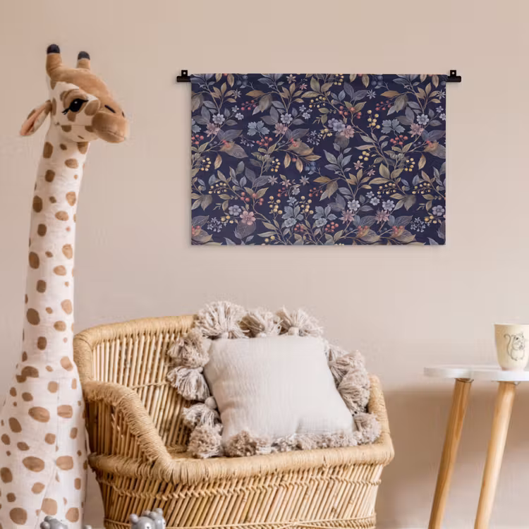 Bloemen - Bladeren - Patroon - Botanisch - Donkerblauw Wandkleed katoen klein -wsfeer5_kind
