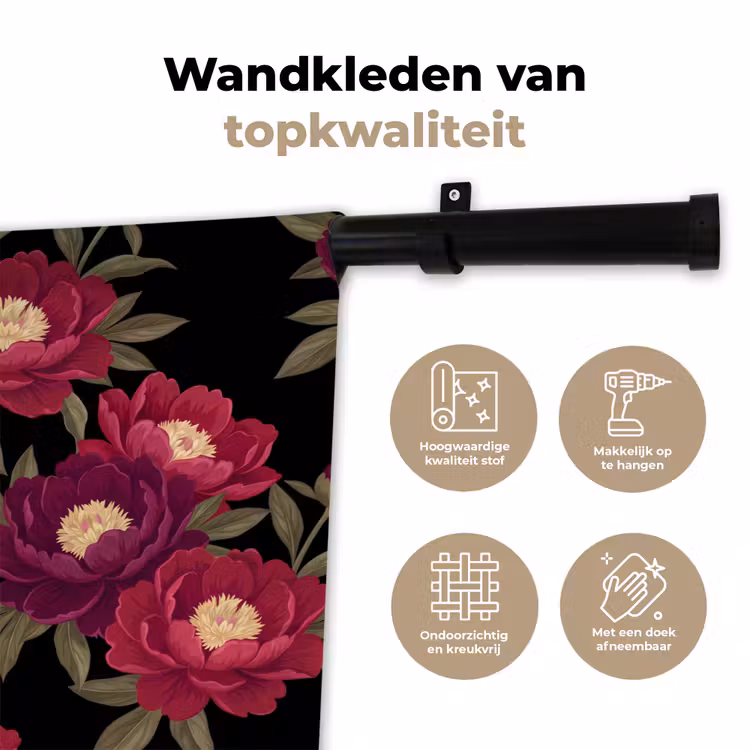 Bloemen - Patroon - Botanisch - Rood - Zwart Wandkleed katoen klein -sfeer2