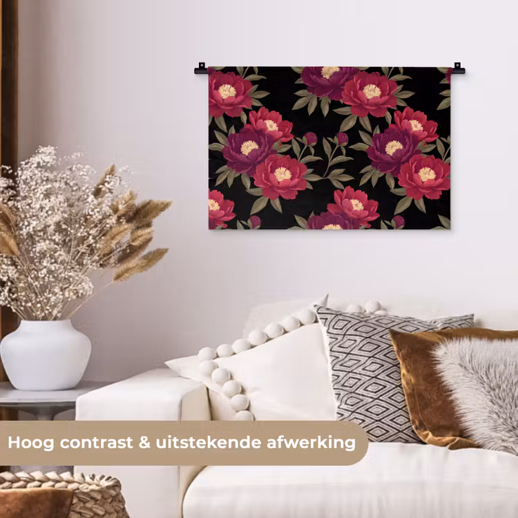 Bloemen - Patroon - Botanisch - Rood - Zwart Wandkleed katoen klein -sfeer1