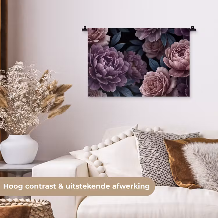 Bloemen - Patroon - Donker - Botanisch - Paars Wandkleed katoen klein -sfeer1