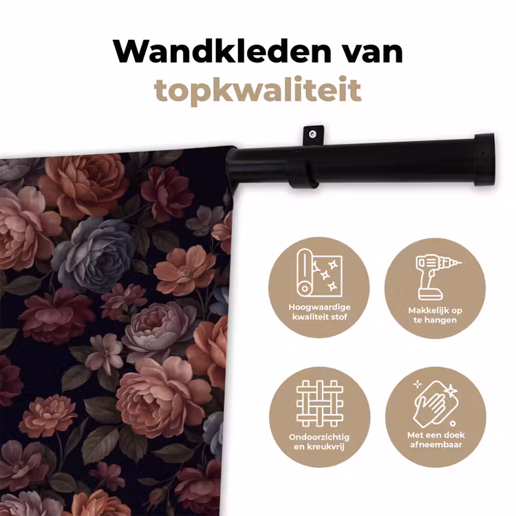 Bloemen - Patroon - Vintage - Donker - Roze Wandkleed katoen klein -sfeer2