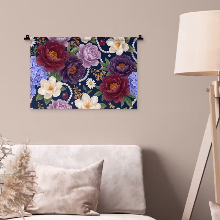 Bloemen - Parels - Decoratie - Modern - Blauw Wandkleed katoen klein -sfeer4