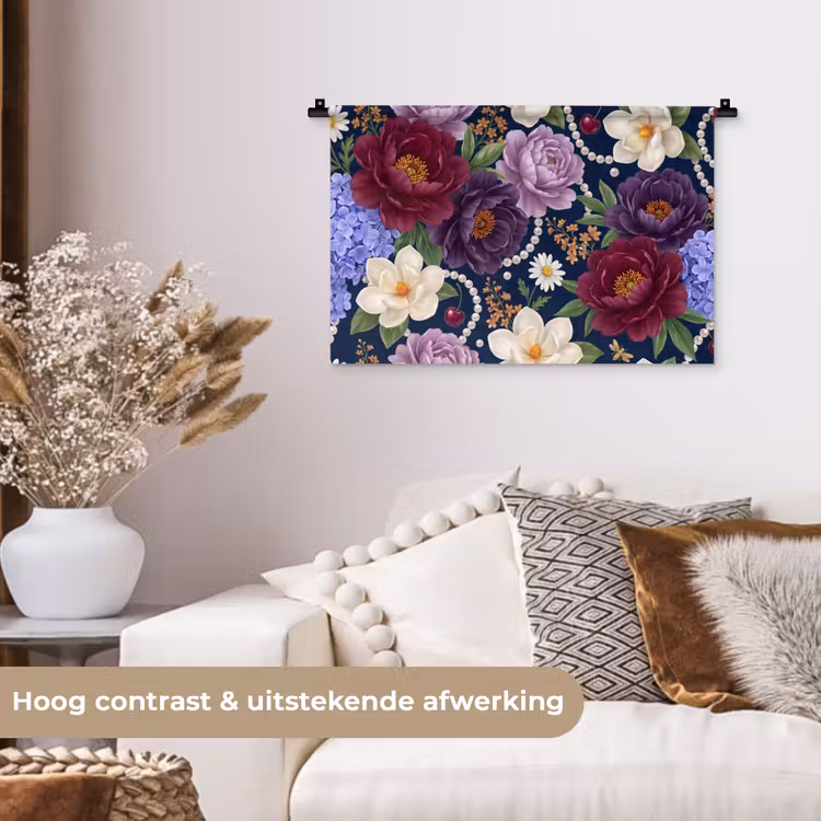 Bloemen - Parels - Decoratie - Modern - Blauw Wandkleed katoen klein -sfeer1