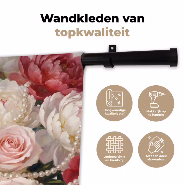 Bloemen - Parels - Romantiek - Klassiek - Roze Wandkleed katoen klein -sfeer2