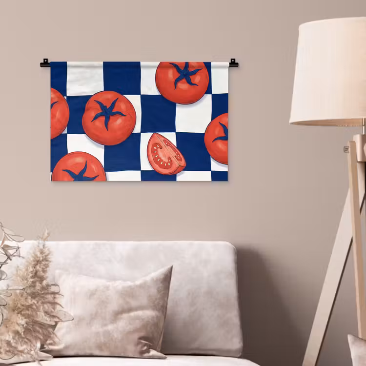 Eten - Tomaten - Keuken - Illustratie - Rood-Blauw Wandkleed katoen klein -sfeer4