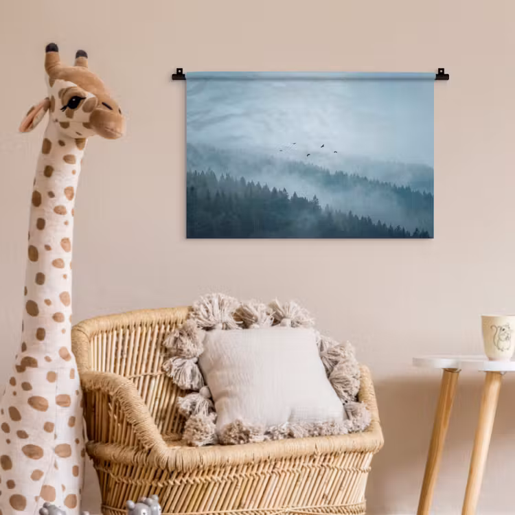 Bos - Mist - Vogels - Natuur - Groen Wandkleed katoen klein -wsfeer5_kind