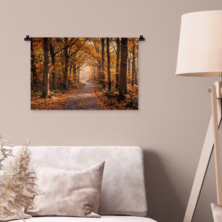 Bospad - Herfstbos - Bladeren - Oranje - Nostalgisch Wandkleed katoen klein -sfeer4