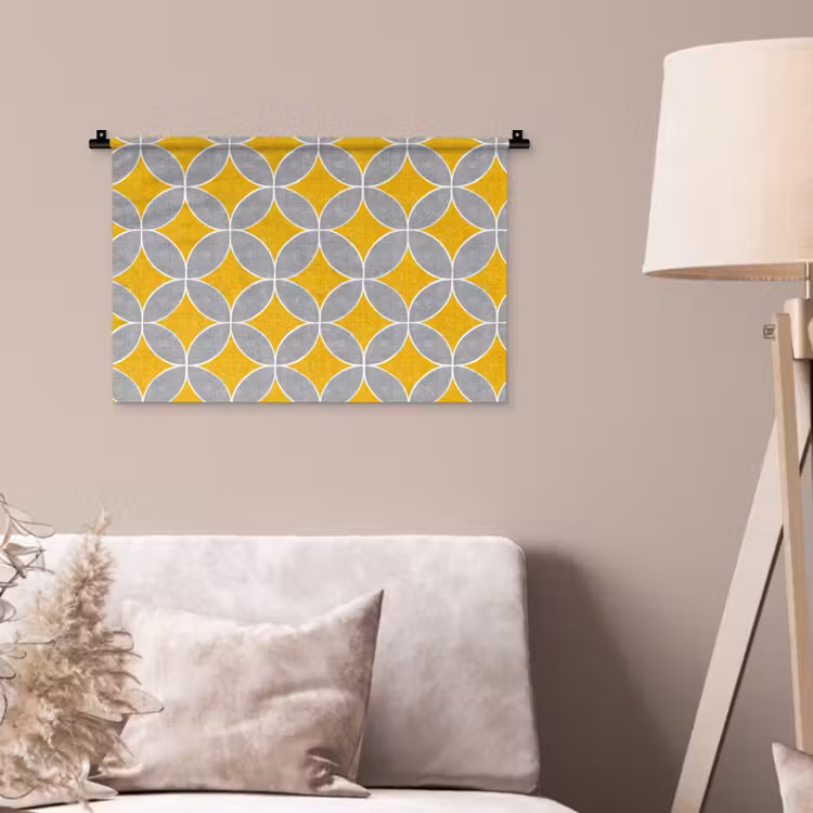 Geometrisch - Cirkels - Textuur - Grijs - Geel Wandkleed katoen klein 269 -sfeer4