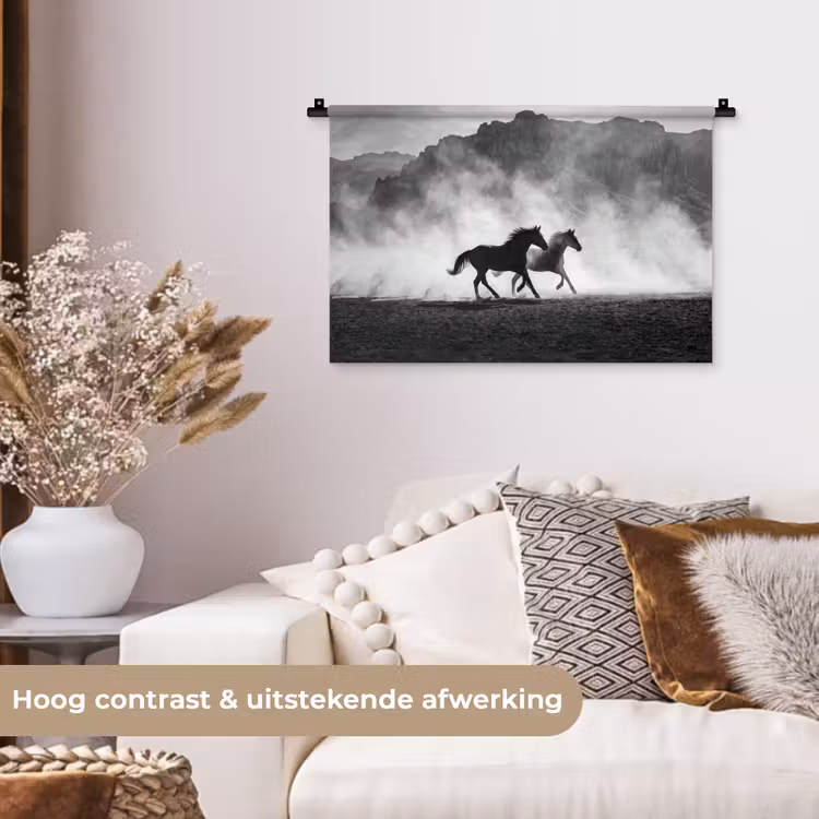 Paard - Ren - Stof - Zwart-wit - Dieren Wandkleed katoen klein -sfeer1