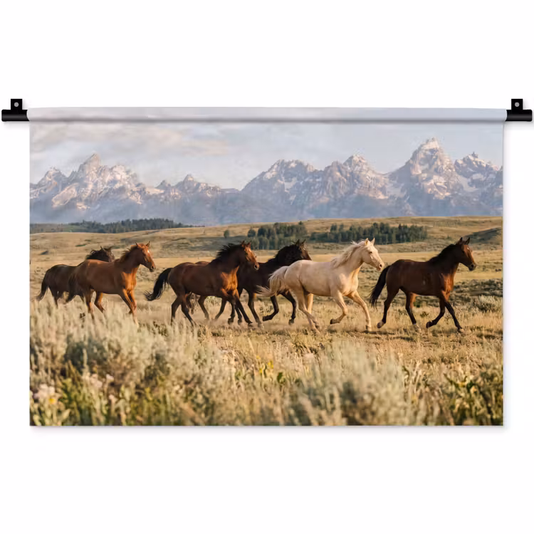 Paarden - Kudde - Bergen - Vrijheid - Wild Wandkleed katoen klein -zz3d