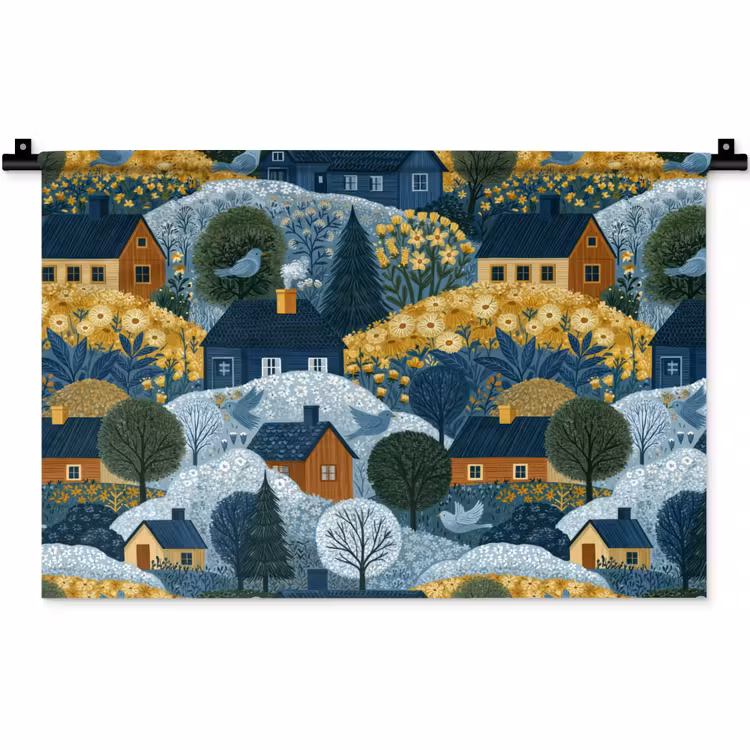 Huisjes - Bloemen - Patroon - Geel - Blauw Wandkleed katoen klein 269 -zz3d