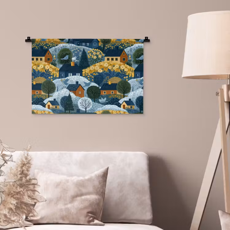Huisjes - Bloemen - Patroon - Geel - Blauw Wandkleed katoen klein 269 -sfeer4