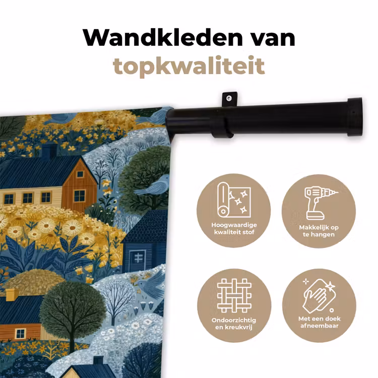 Huisjes - Bloemen - Patroon - Geel - Blauw Wandkleed katoen klein 269 -sfeer2