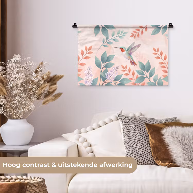 Kolibrie - Vliegen - Natuur - Illustratie - Kleurrijk Wandkleed katoen klein -sfeer1