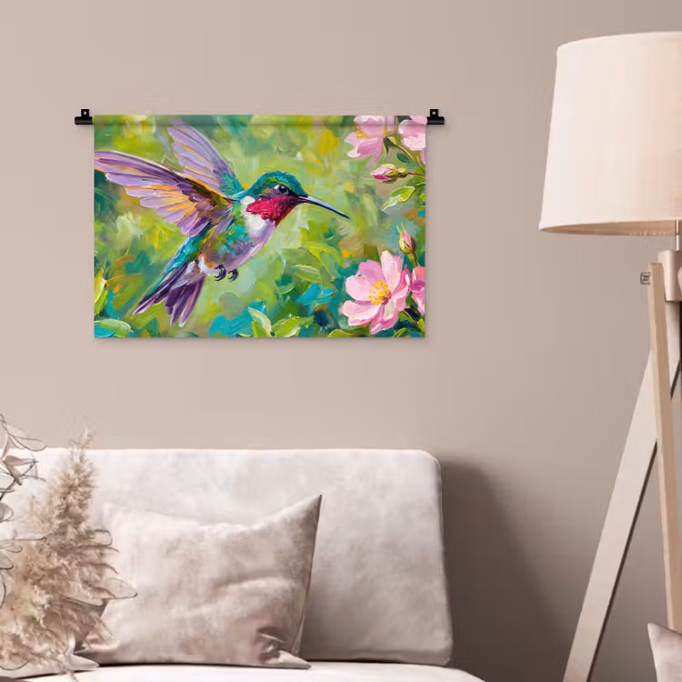 Kolibrie - Bloemen - Natuur - Kleurrijk Wandkleed katoen klein -sfeer4