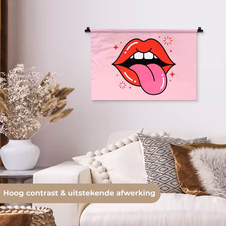 Lippen - Tong - Pop-art - Kleurrijk - Roze Wandkleed katoen klein -sfeer1