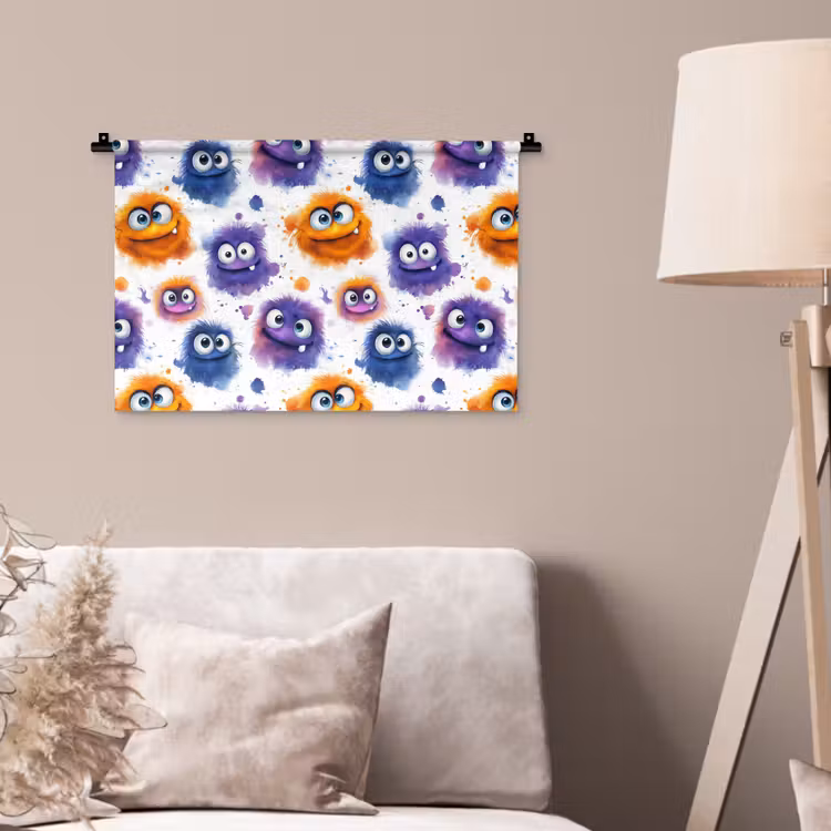 Monstertjes - Aquarel - Kleurrijk Wandkleed katoen klein 269 -sfeer4