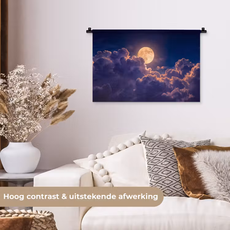 Maan - Wolken - Nacht - Oranje Wandkleed katoen klein -sfeer1