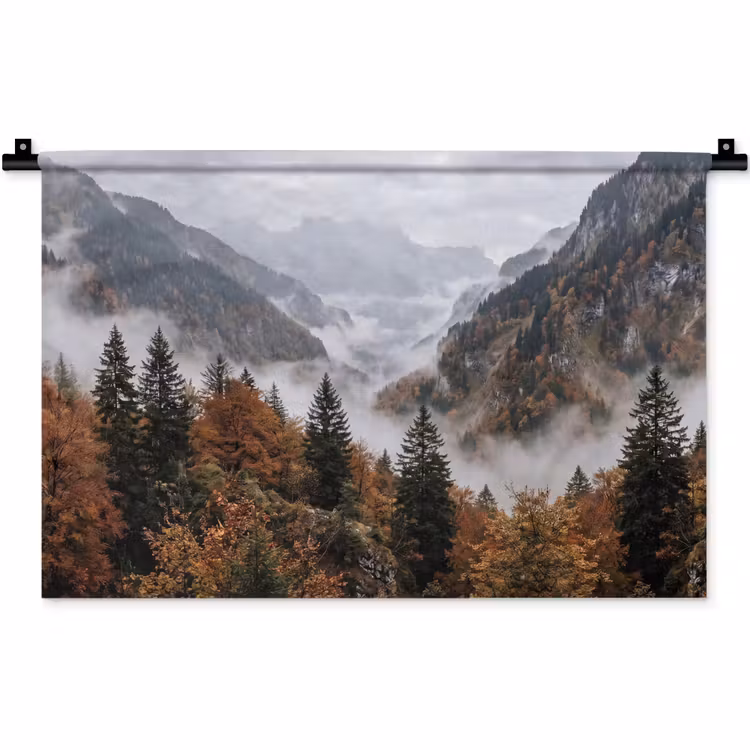 Bergen - Vallei - Mist - Herfst - Natuur Wandkleed katoen klein -zz3d