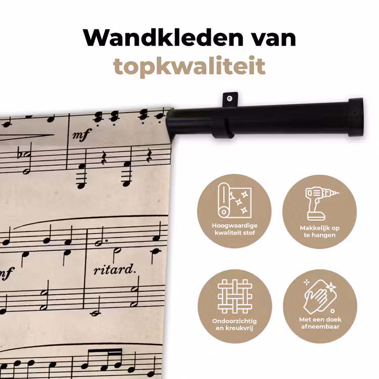 Muzieknotatie - Notenbalken - Kunst - Klassiek - Beige Wandkleed katoen klein -sfeer2