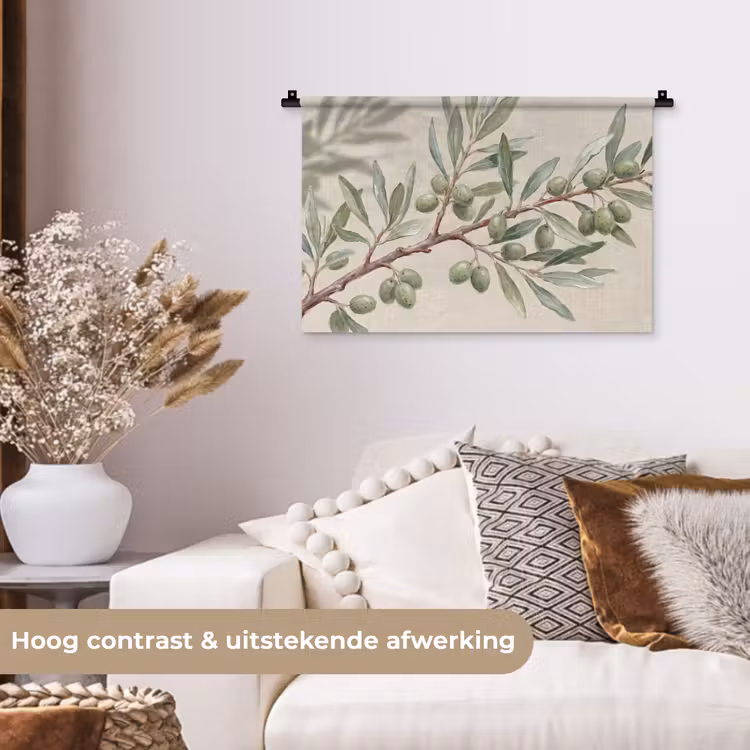 Olijftak - Bladeren - Natuur - Groen - Beige Wandkleed katoen klein -sfeer1