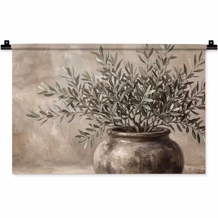 Olijfplant - Aardenpot - Abstract - Beige Wandkleed katoen klein -zz3d