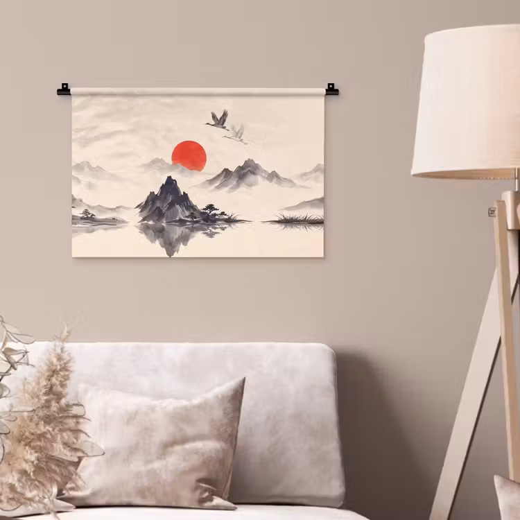 Oosters - Kraanvogels - Landschap Wandkleed katoen klein -sfeer4