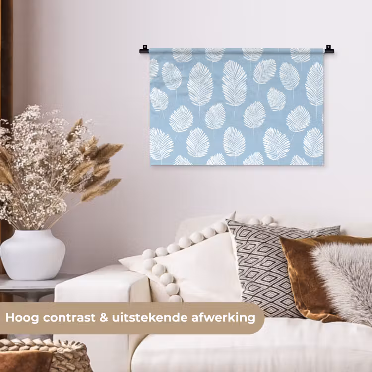 Palmbladeren - Naadloos - Patroon - Pastelblauw Wandkleed katoen klein 269 -sfeer1