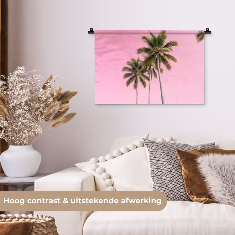Palmboom - Tropisch - Pink Wandkleed katoen klein -sfeer1