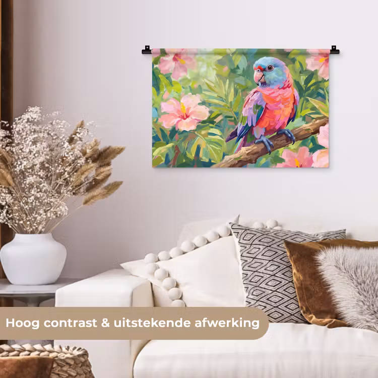 Papagaai - Hibiscusbloemen - Kleurrijk Wandkleed katoen klein -sfeer1