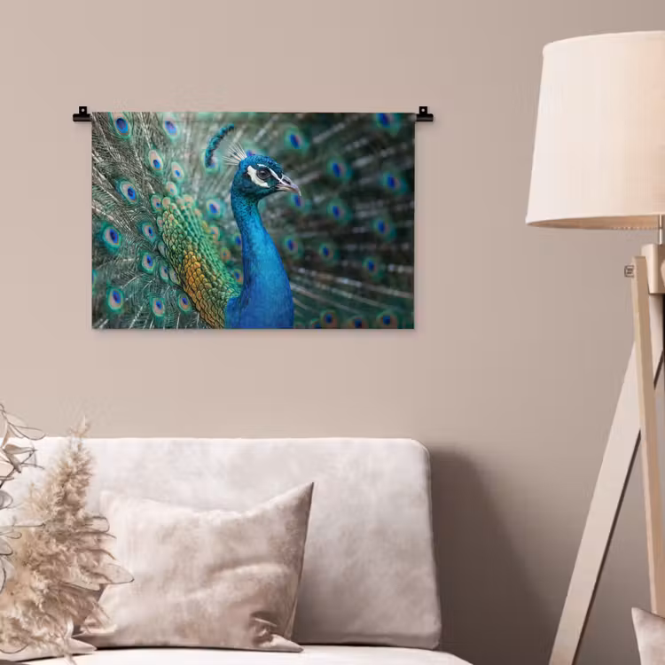Pauw - Veren - Blauw Wandkleed katoen klein -sfeer4