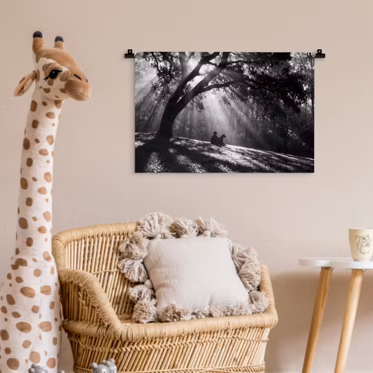 Mens - Hond - Natuur - Zwart-wit - Silhouet Wandkleed katoen klein -wsfeer5_kind