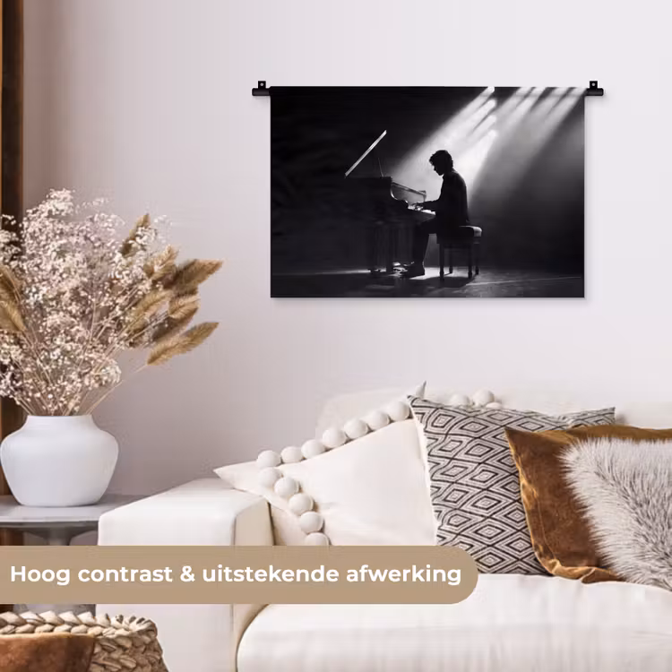 Persoon - Piano - Muziek - Zwart-wit - Podium Wandkleed katoen klein -sfeer1